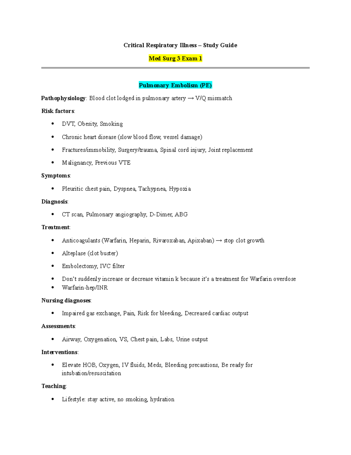 Med Surg 3 Exam 1 Study Guide: Critical Respiratory Illnesses - Studocu