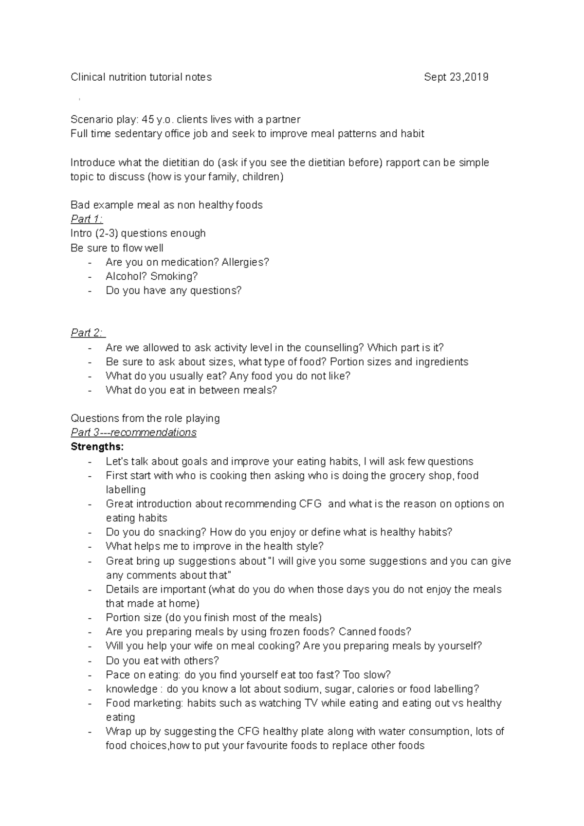Clinical nutrition tutorial 2 notes - clients lives with a partner Full ...
