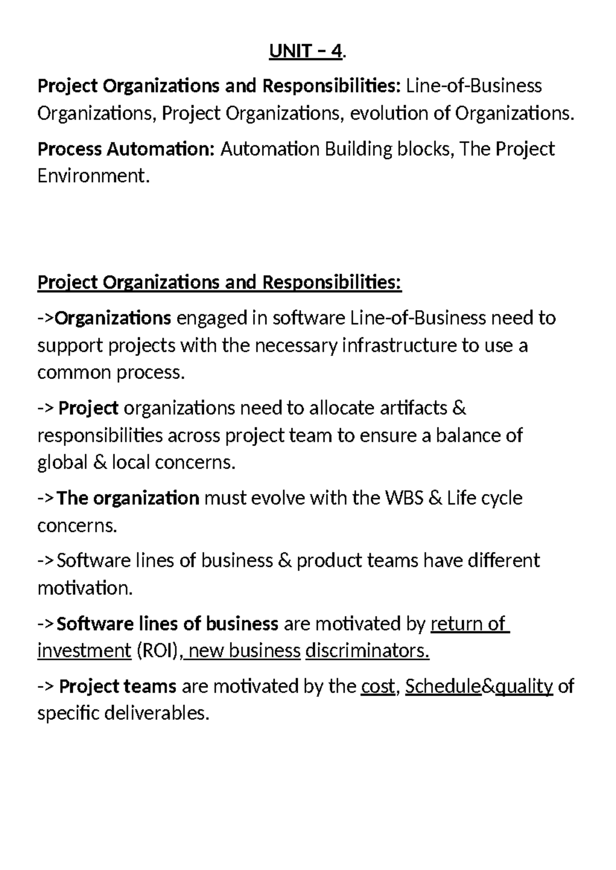 SPM Unit 4: Project Organizations & Responsibilities in Software ...