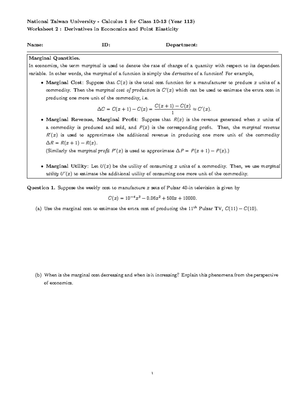 EM1-2 Worksheet 2: Economics Derivatives & Point Elasticity Insights ...