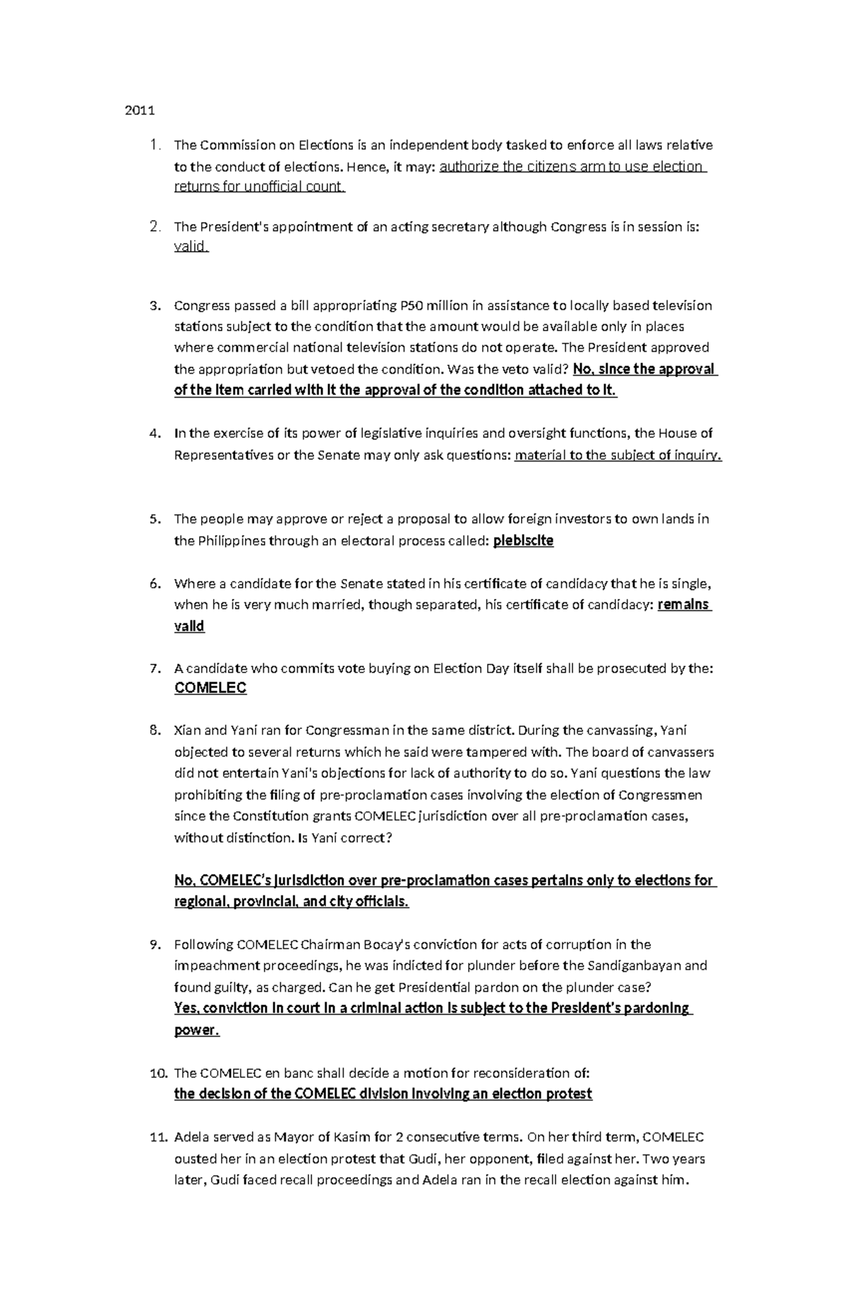Election Law Bar Questions: Key Issues and Case Analysis - Studocu