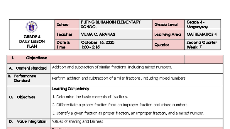 COT DLP MATH 4 Q2 W7: Daily Lesson Plan on Fractions - Studocu