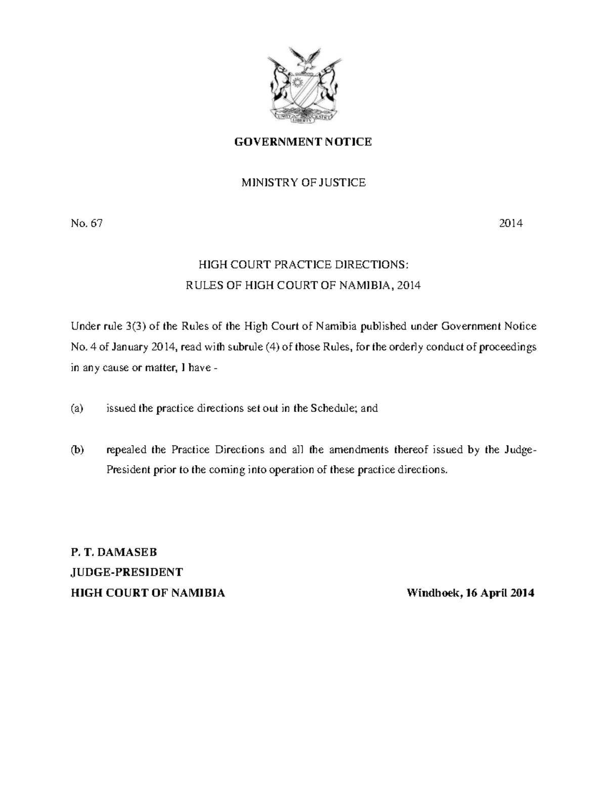 Practice Directions: Rules of High Court of Namibia GN 67/2014 - Studocu