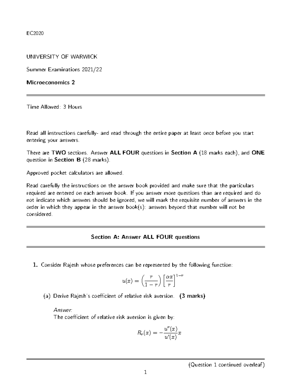 EC202 Microeconomics 2 Final Exam Solutions - Summer 2021-2022 - Studocu
