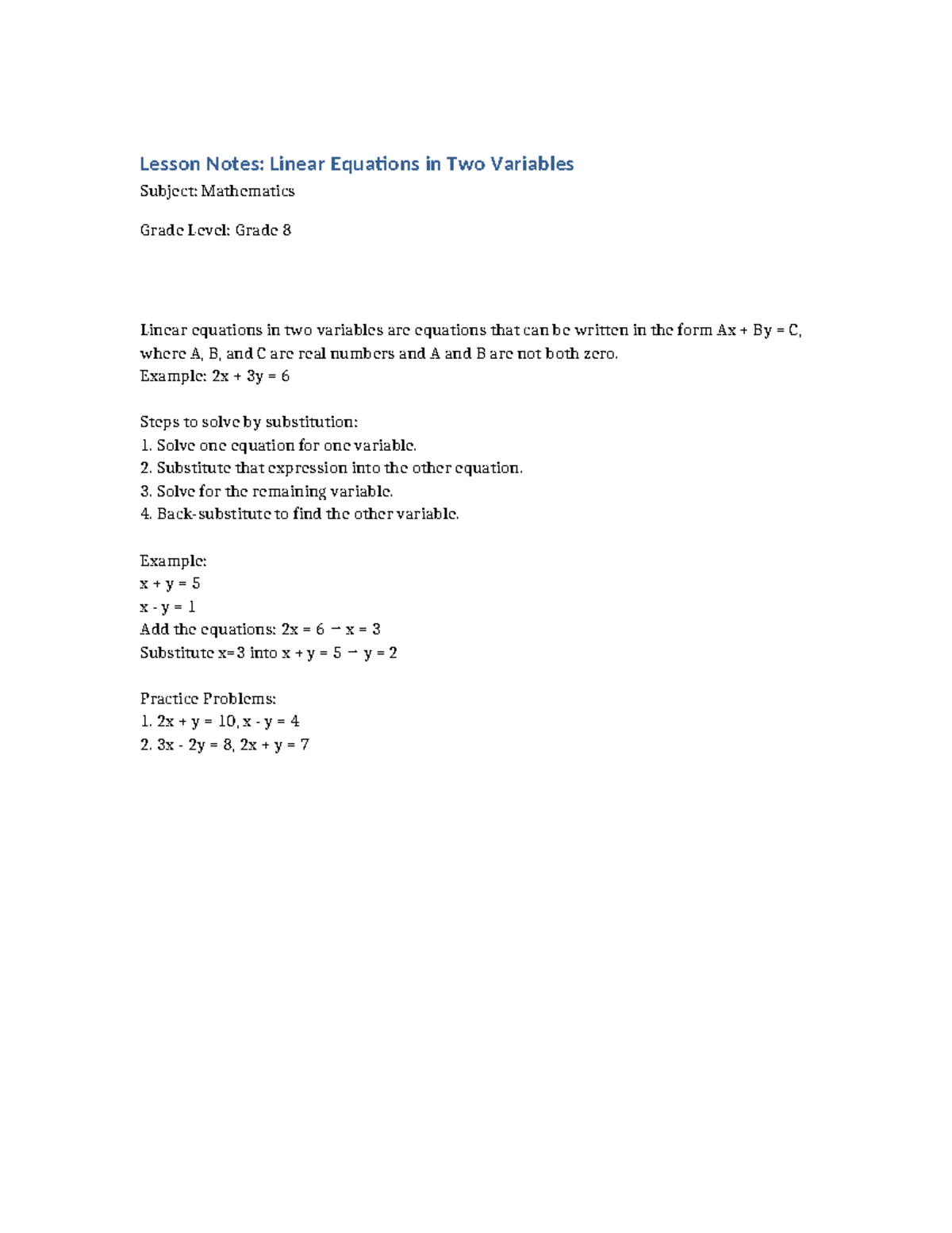 Lesson Notes: Linear Equations in Two Variables - Grade 8 Math - Studocu