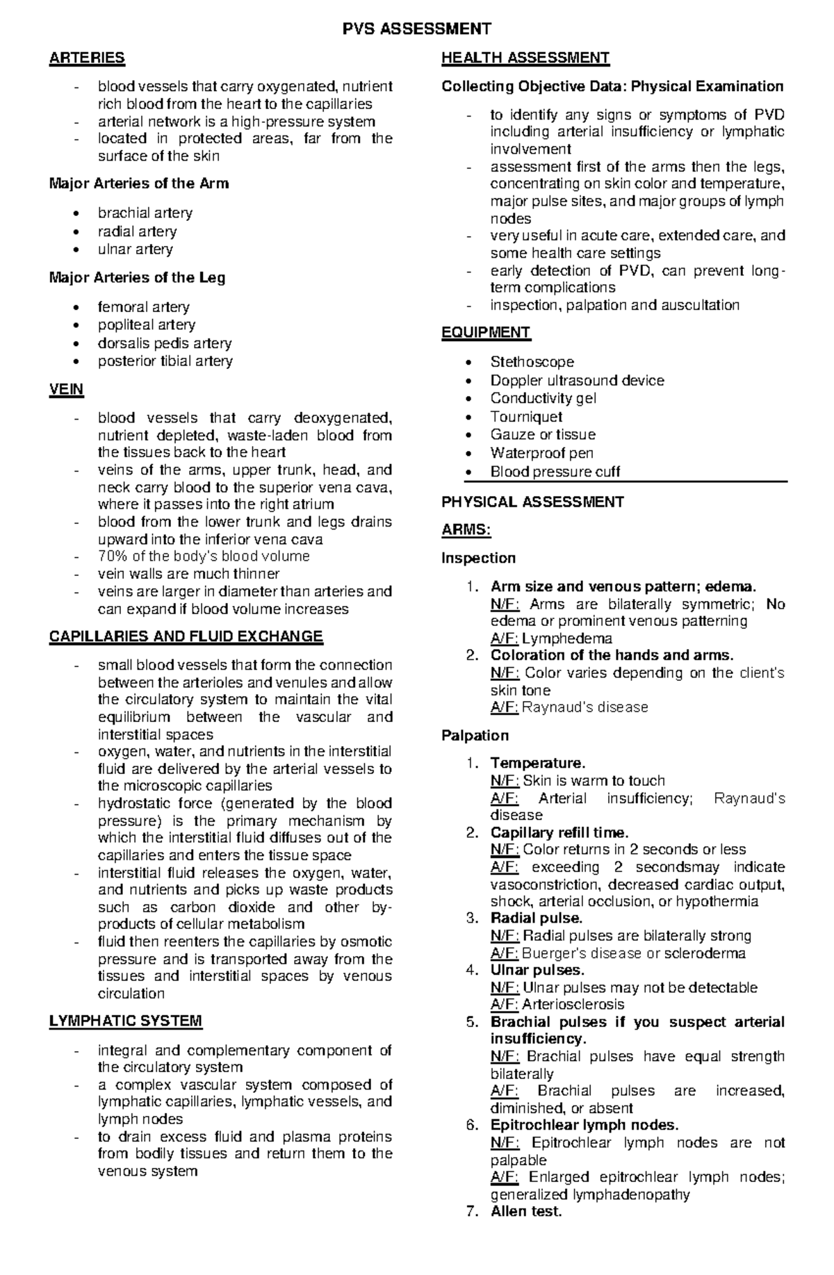 PVS Assessment - Review of Arterial and Venous Systems - Studocu