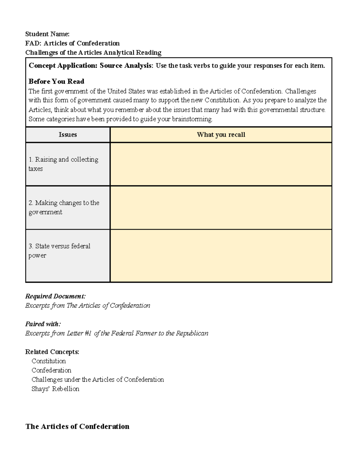 APGov FAD: Analyzing Challenges of the Articles of Confederation - Studocu