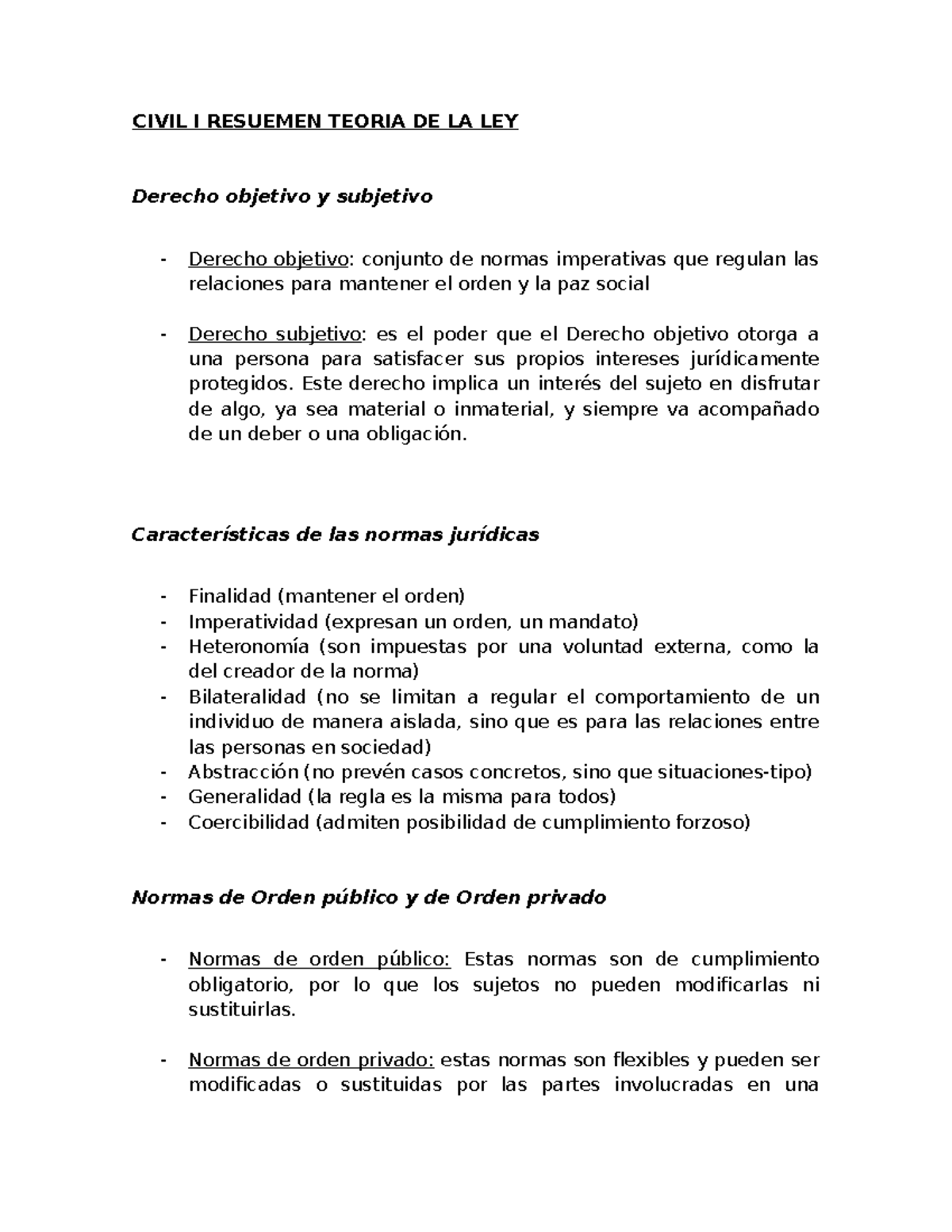 CIVIL I RESUMEN TEORÍA DE LA LEY: Derecho Objetivo y Subjetivo - Studocu