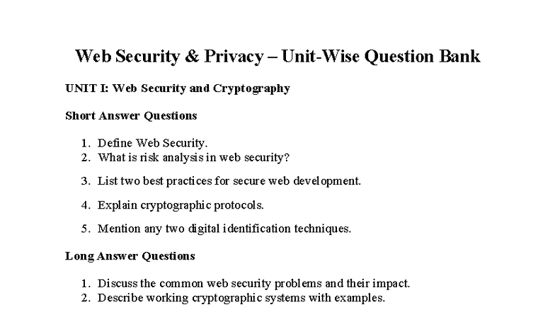 WDS 101: Web Security & Privacy Question Bank - Unit Wise Q&A - Studocu