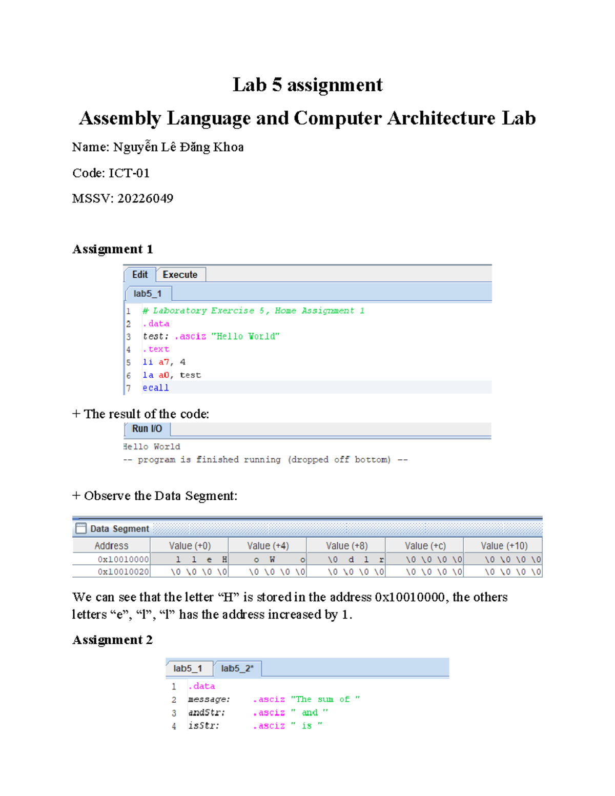 Nguyễn Lê Đăng Khoa - 20226049 - Lab 05 - Assembly Language and ...