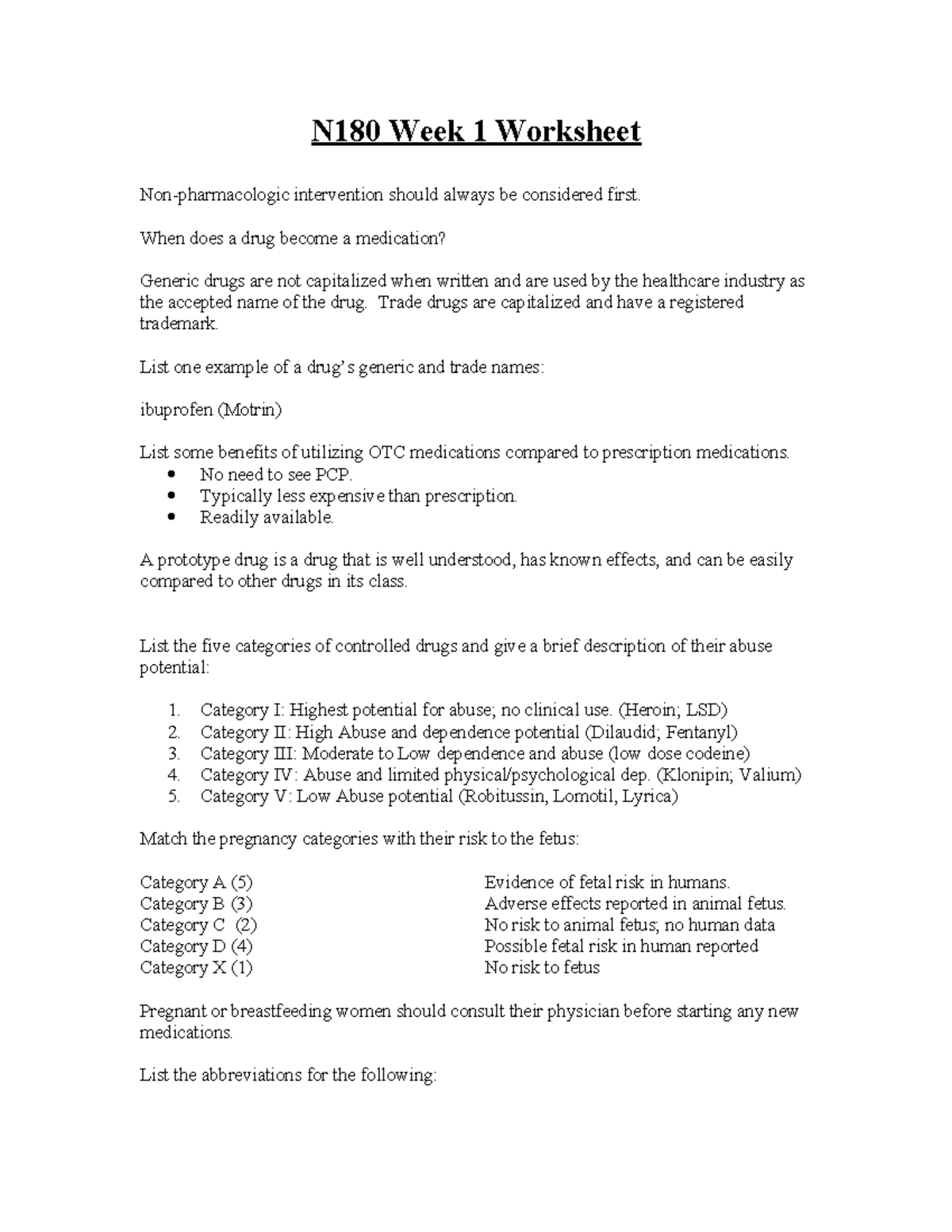 N180 Week 1 info sheet - N180 Week 1 Worksheet Non-pharmacologic ...