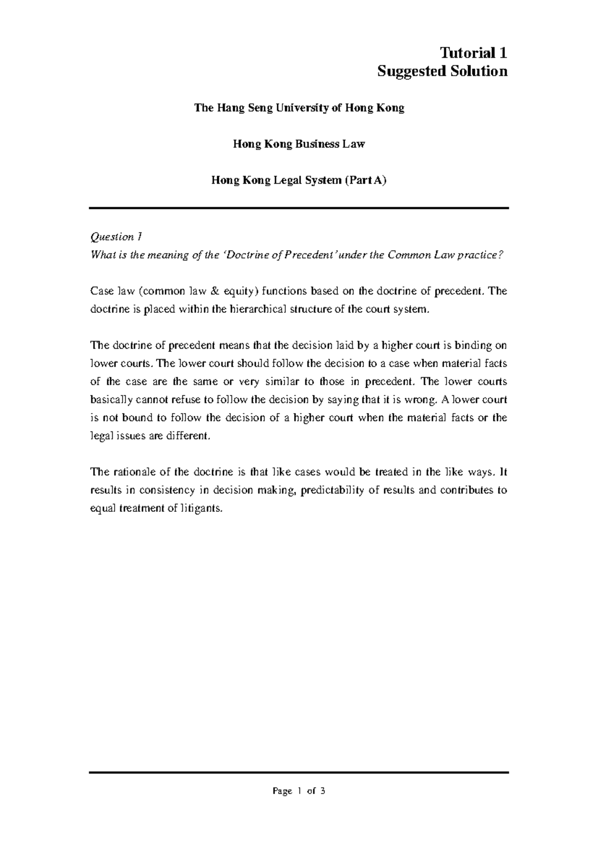 Topic 1 Tutorial Answer HK Legal System Part A - Tutorial 1 Suggested ...