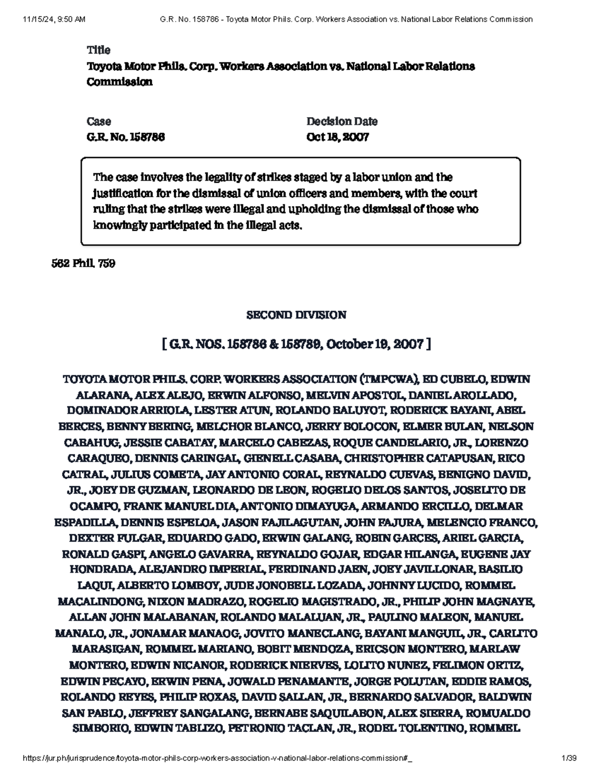 G.R. No. 158786: Toyota Motor Phils. Corp. Workers Assn. vs. NLRC Case ...