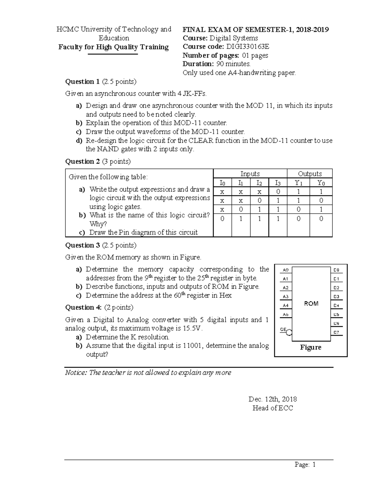 DIGI330163E - Final Exam Semester 1 - Digital Systems 2018-2019 - Studocu