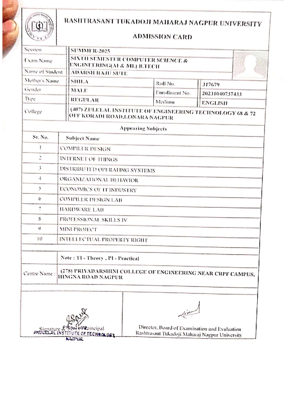 B.TECH 6th Sem Admission Card - Computer Science Engineering - Studocu