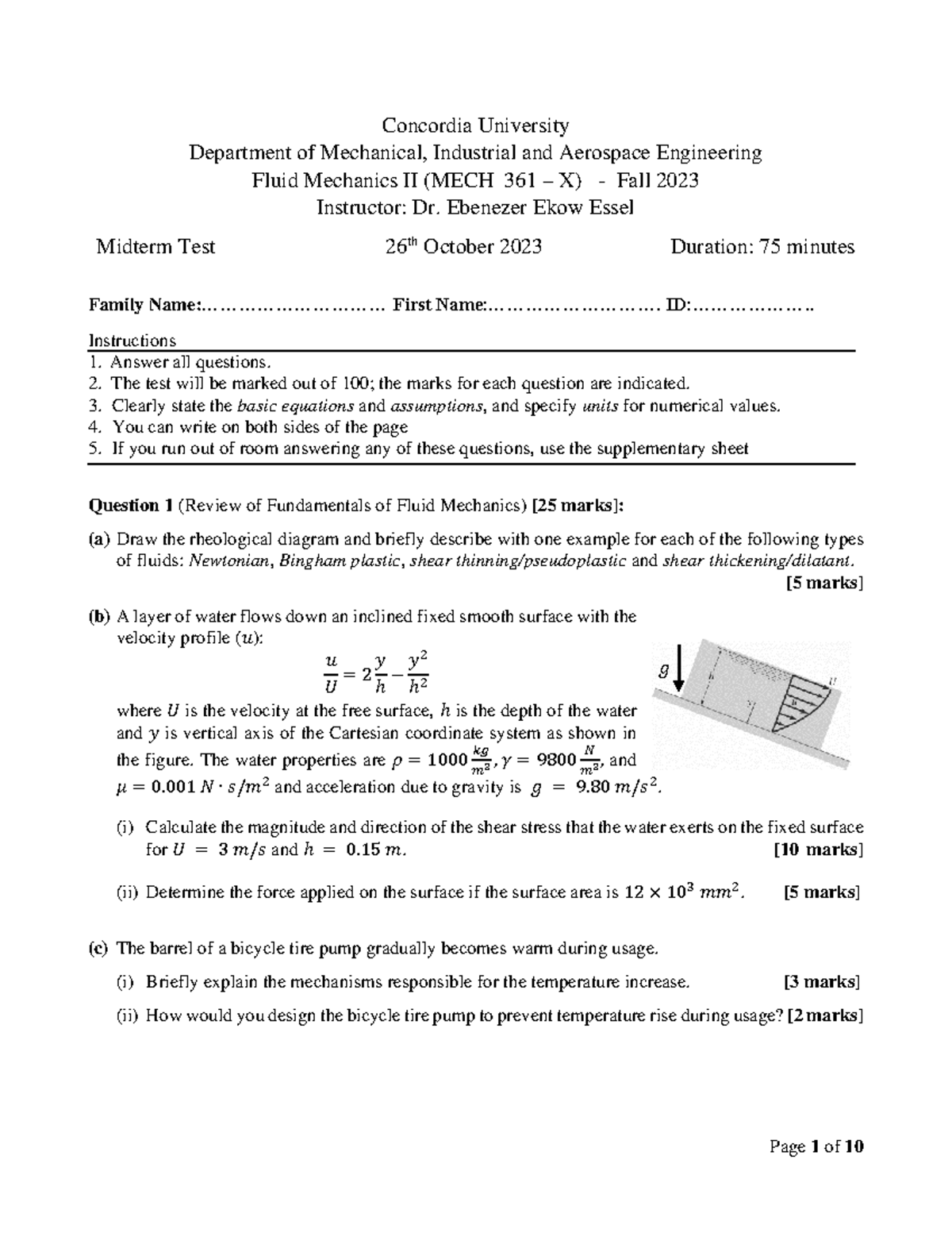 Fluid Mechanics II (MECH 361 X) Midterm Sample - Fall 2023 - Studocu