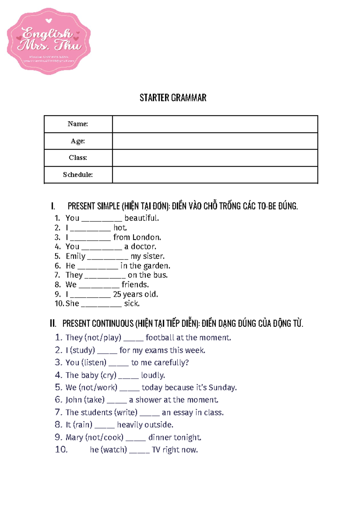 Starter Grammar - Present Simple & Continuous Exercises (40-45) - Studocu