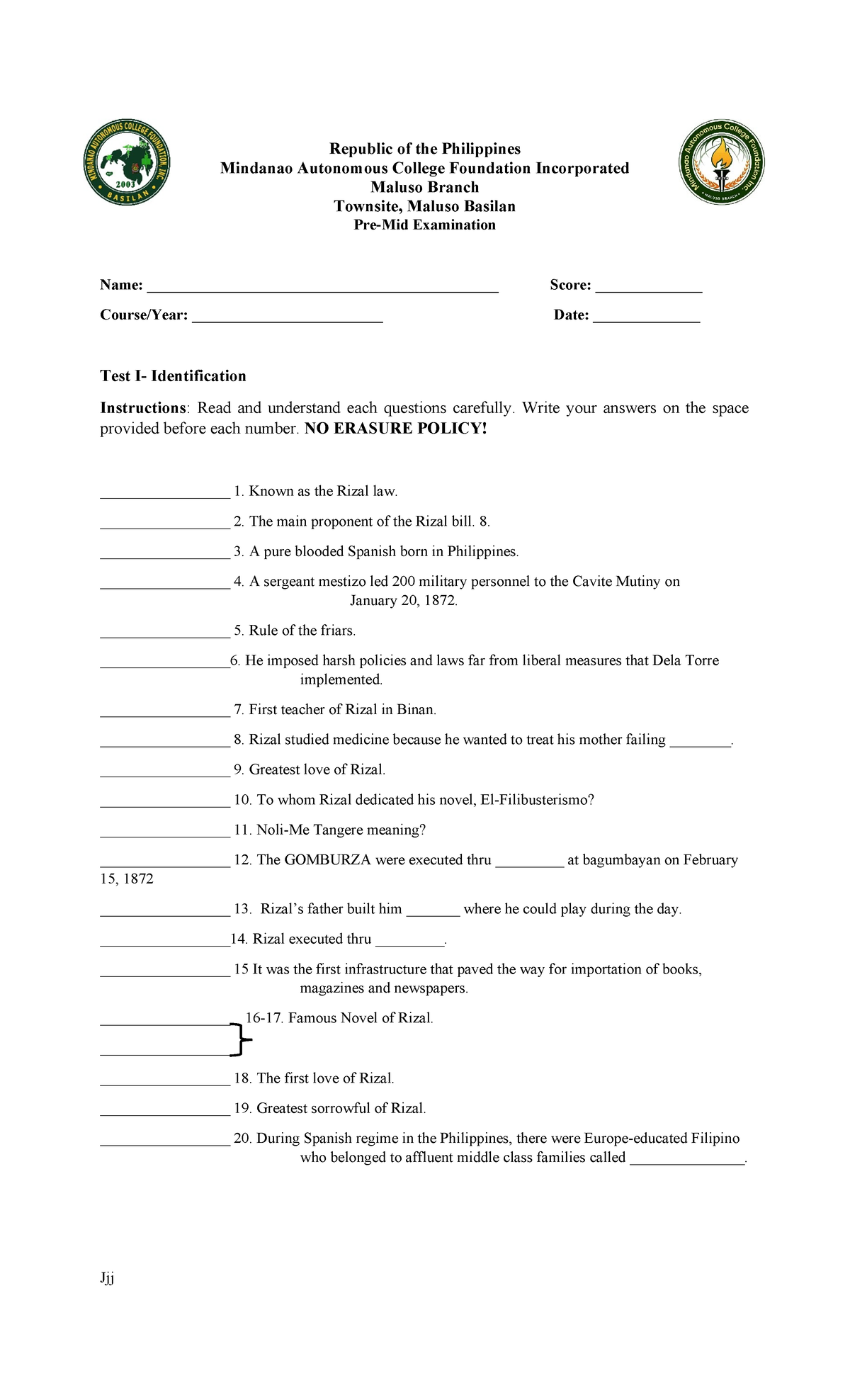 Rizal 100413 - Pre-Mid Exam Identification Test Notes - Studocu