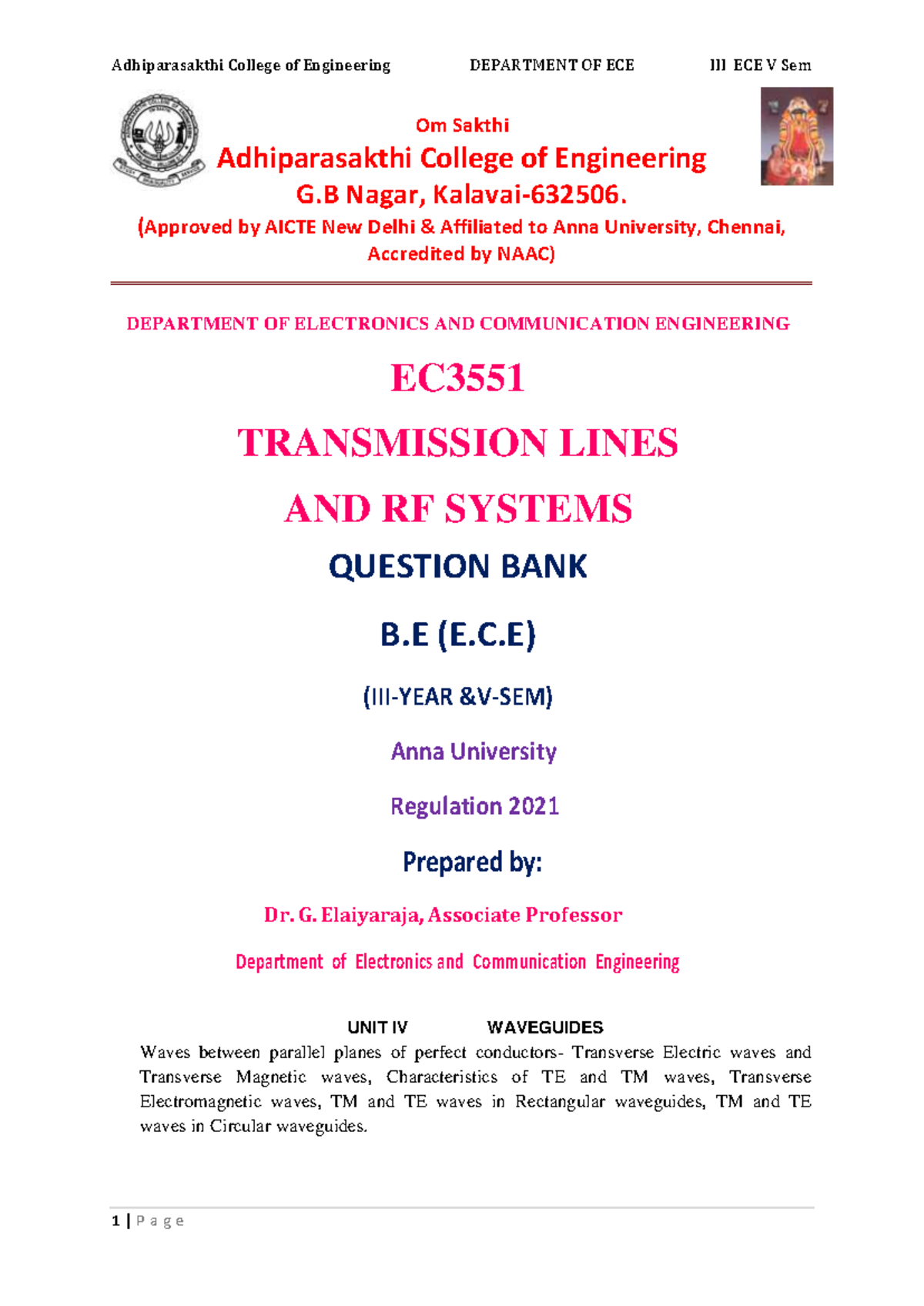 UNT-4 EC3551 Transmission Lines & RF Systems Question Bank - Studocu