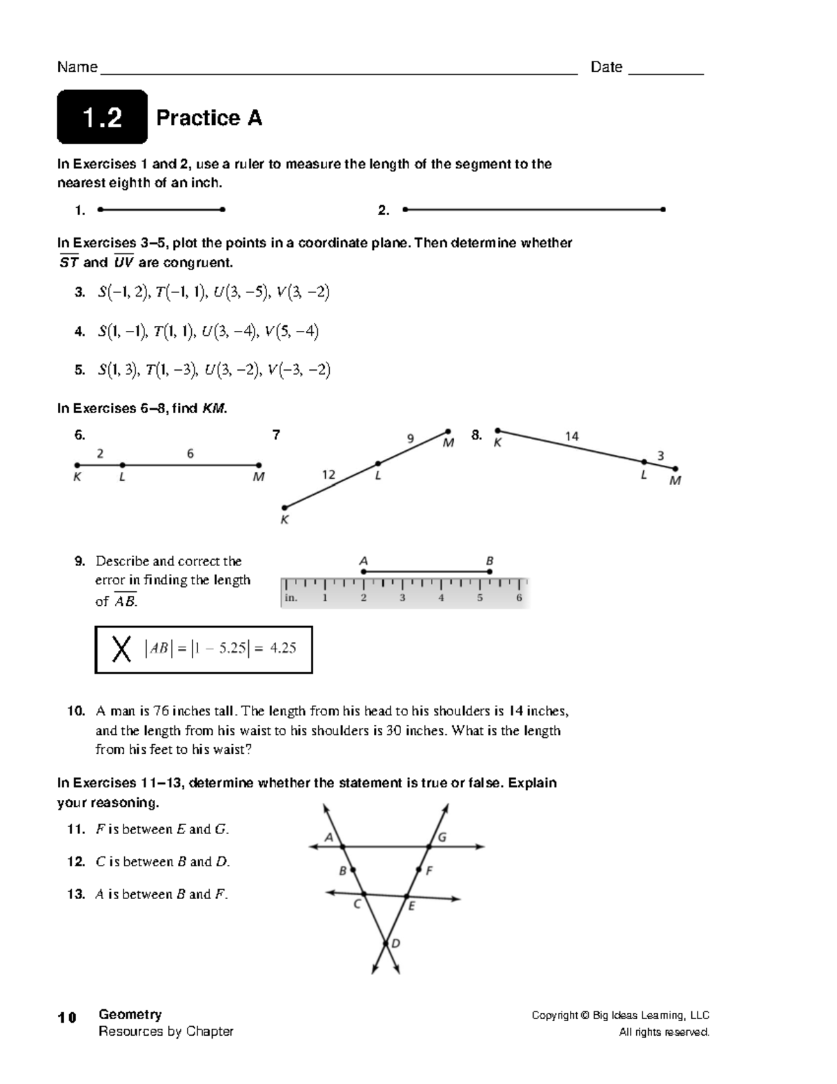 Geometry Worksheet #1: Segment Measurement & Congruence Exercises - Studocu