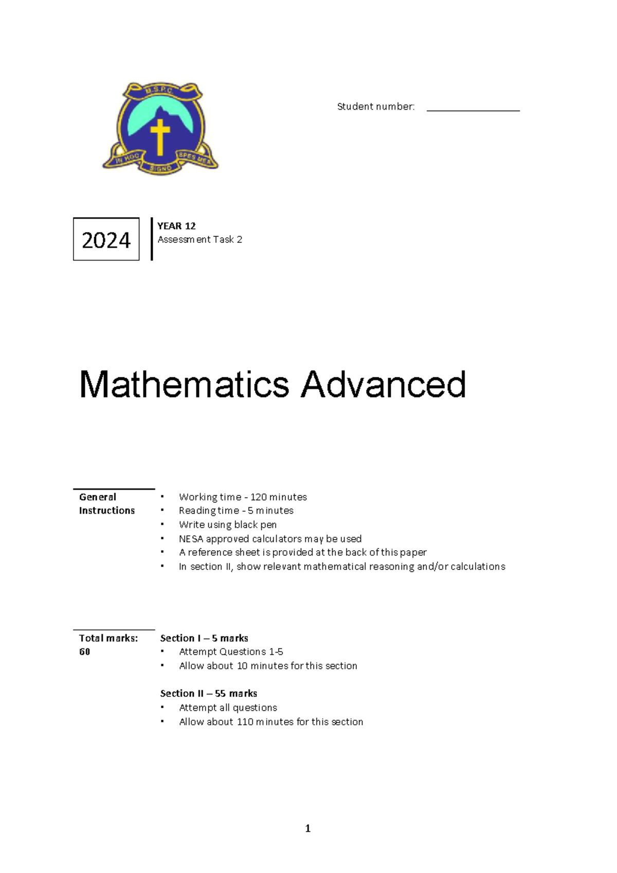2024 Year 12 Mathematics Advanced Assessment Task 2 - Studocu