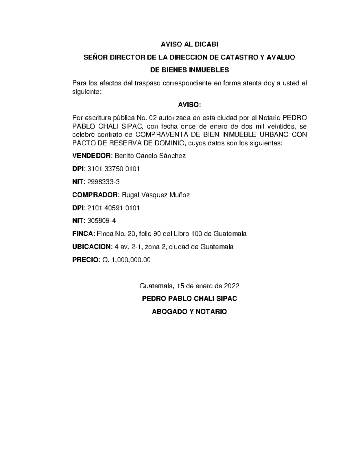 Aviso de Compraventa de Bien Inmueble Urbano - DICABI y Catastro - Document Preview