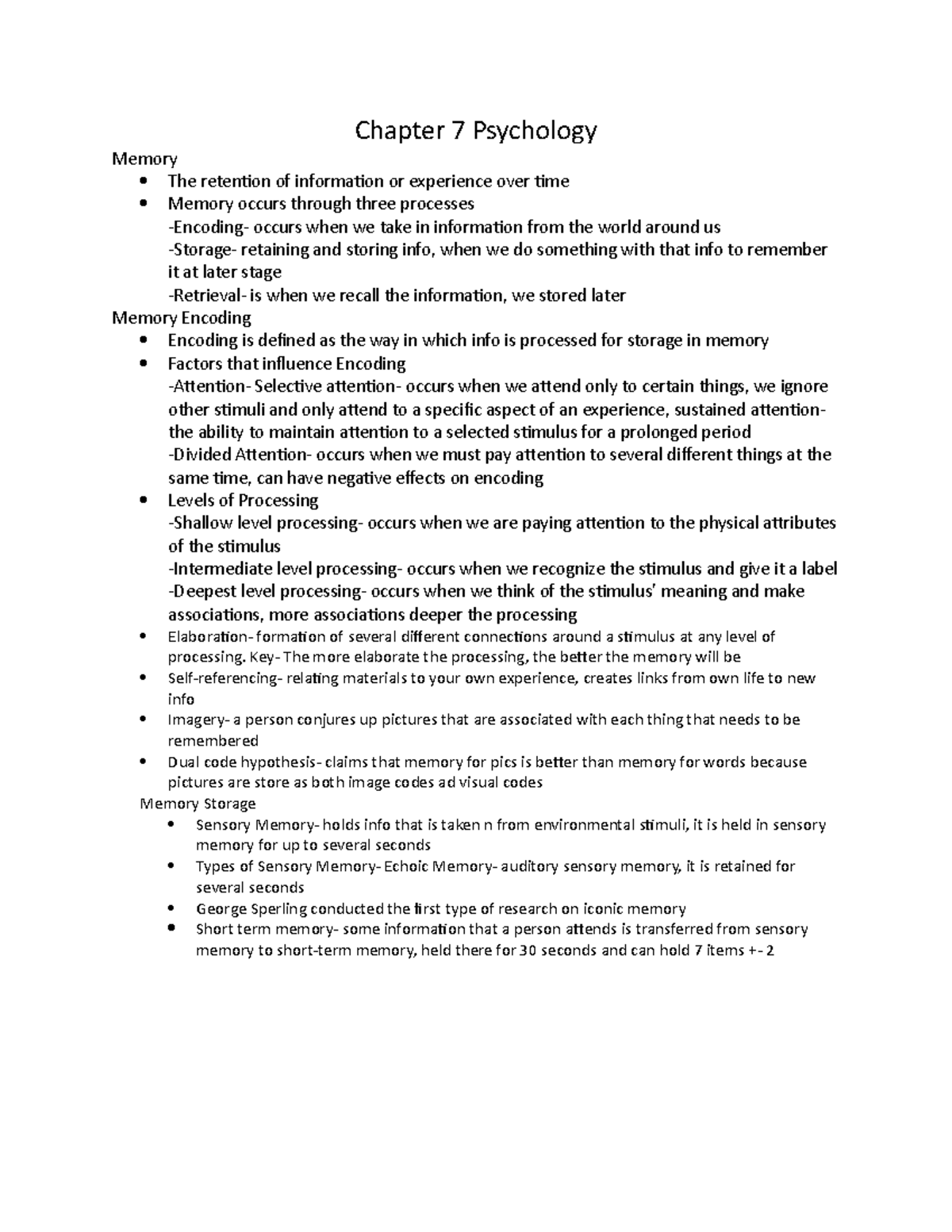 Chapter 7 Psychology - Notes - Chapter 7 Psychology Memory The ...