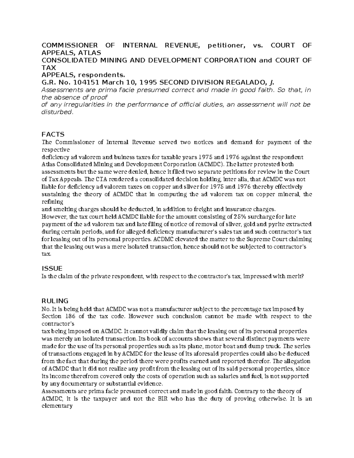 CIR vs CTA - Case Digest & Analysis in Tax 2 (G.R. No. 104151) - Studocu