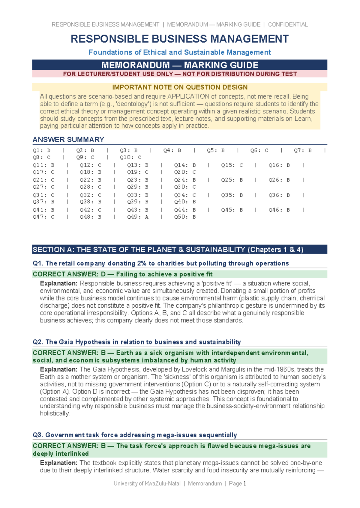 Responsible Business Management (RBM) Test 1 Prep Memorandum Marking ...