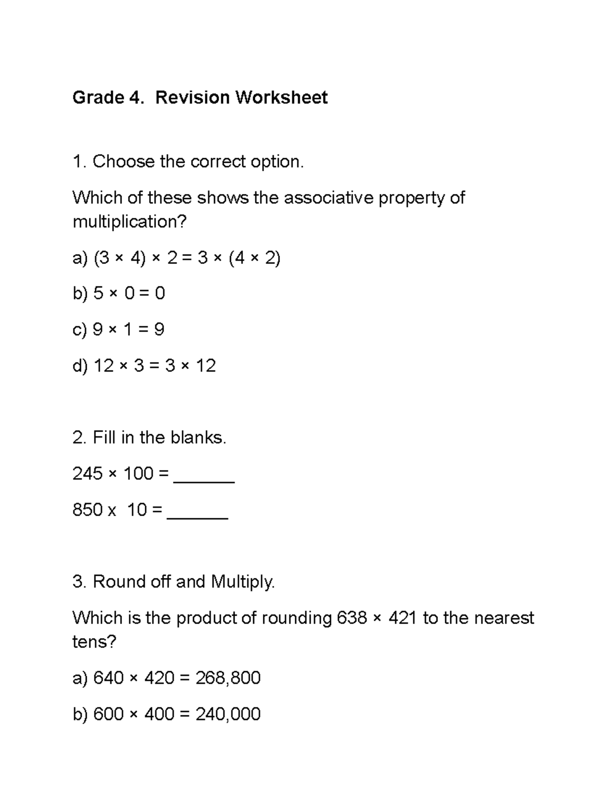Grade 4 Math Revision Worksheet: Associative Property & Word Problems ...