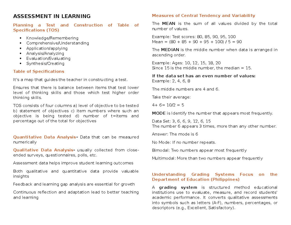 Assessment in Learning: Test Planning & Grading Systems Overview (EDU ...