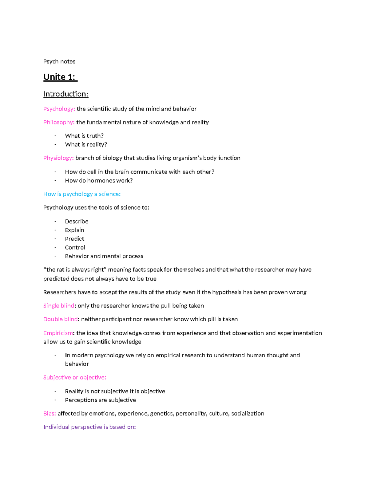 Psych 101: Unit 1 - Introduction to Psychology and Key Concepts - Studocu