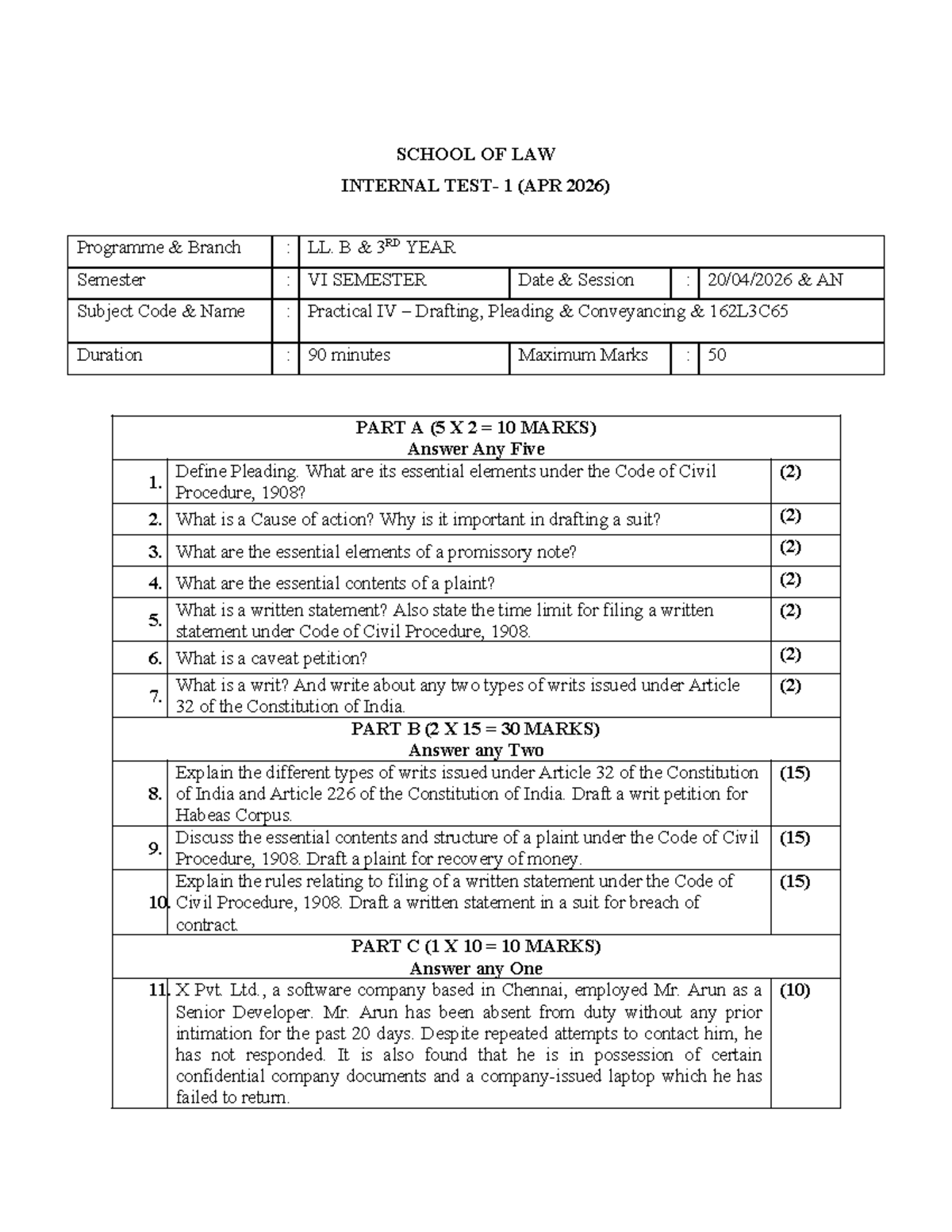 162L3C65 - Practical IV Drafting & Pleading Internal Exam Paper - Studocu