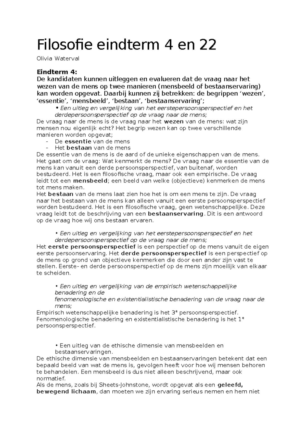 Filosofie Eindterm 4 en 22: Mensbeeld en Bestaanservaring Uitleg ...