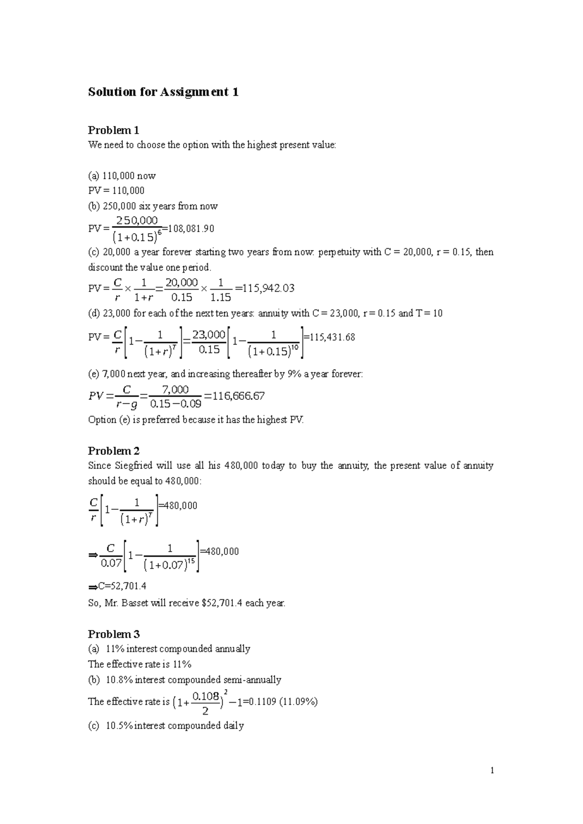 Solution for Assignment 1: Present Value Analysis and Calculations ...
