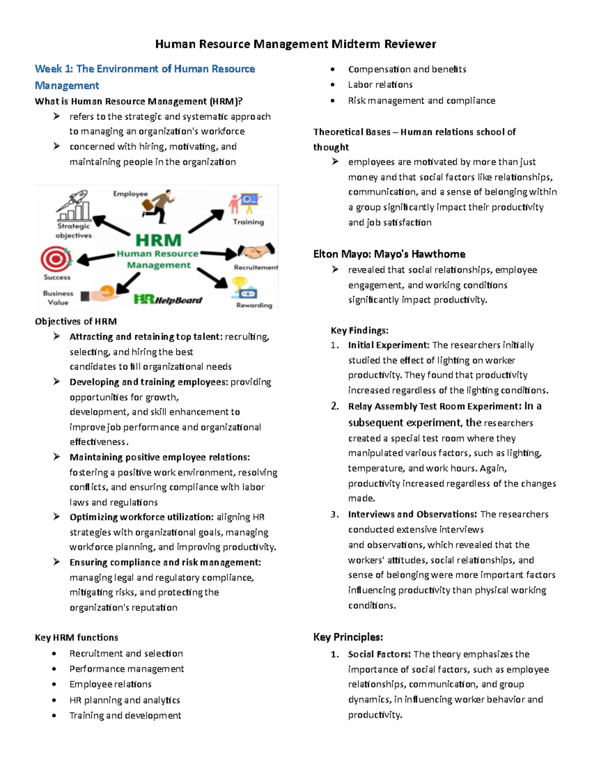 HRM 101 Midterm Reviewer: Key Concepts in Human Resource Management ...