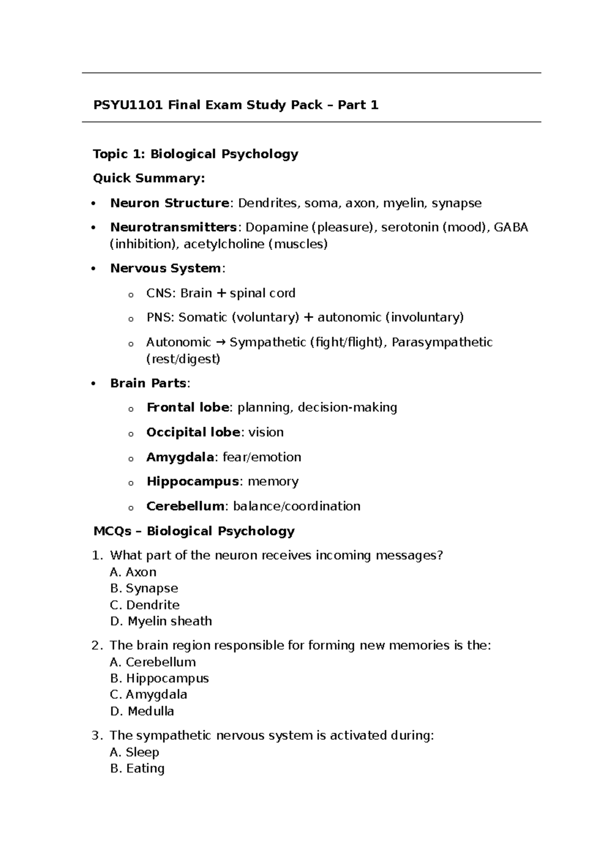 PSYU1101 Final Exam Study Pack: Key Concepts & MCQs Overview - Studocu