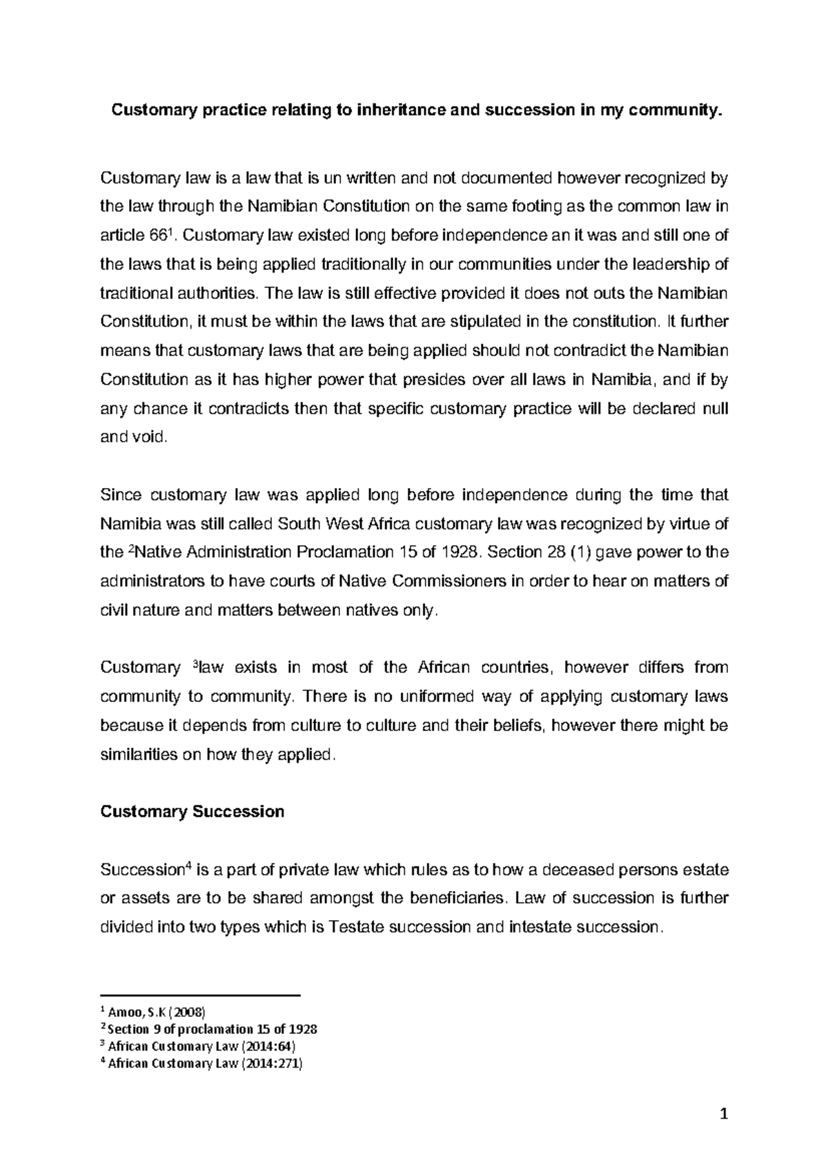 Customary Law Exercise 1: Inheritance and Succession in Namibia - Studocu