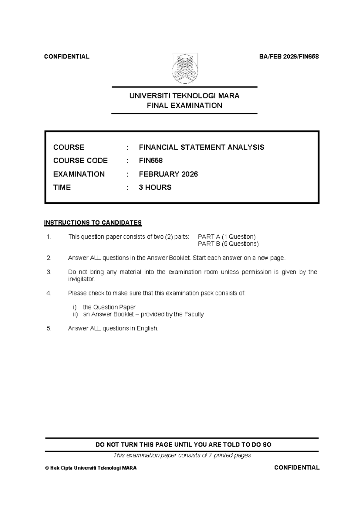 FIN658 FEB 2026 - Final Exam Questions on Financial Statement Analysis ...