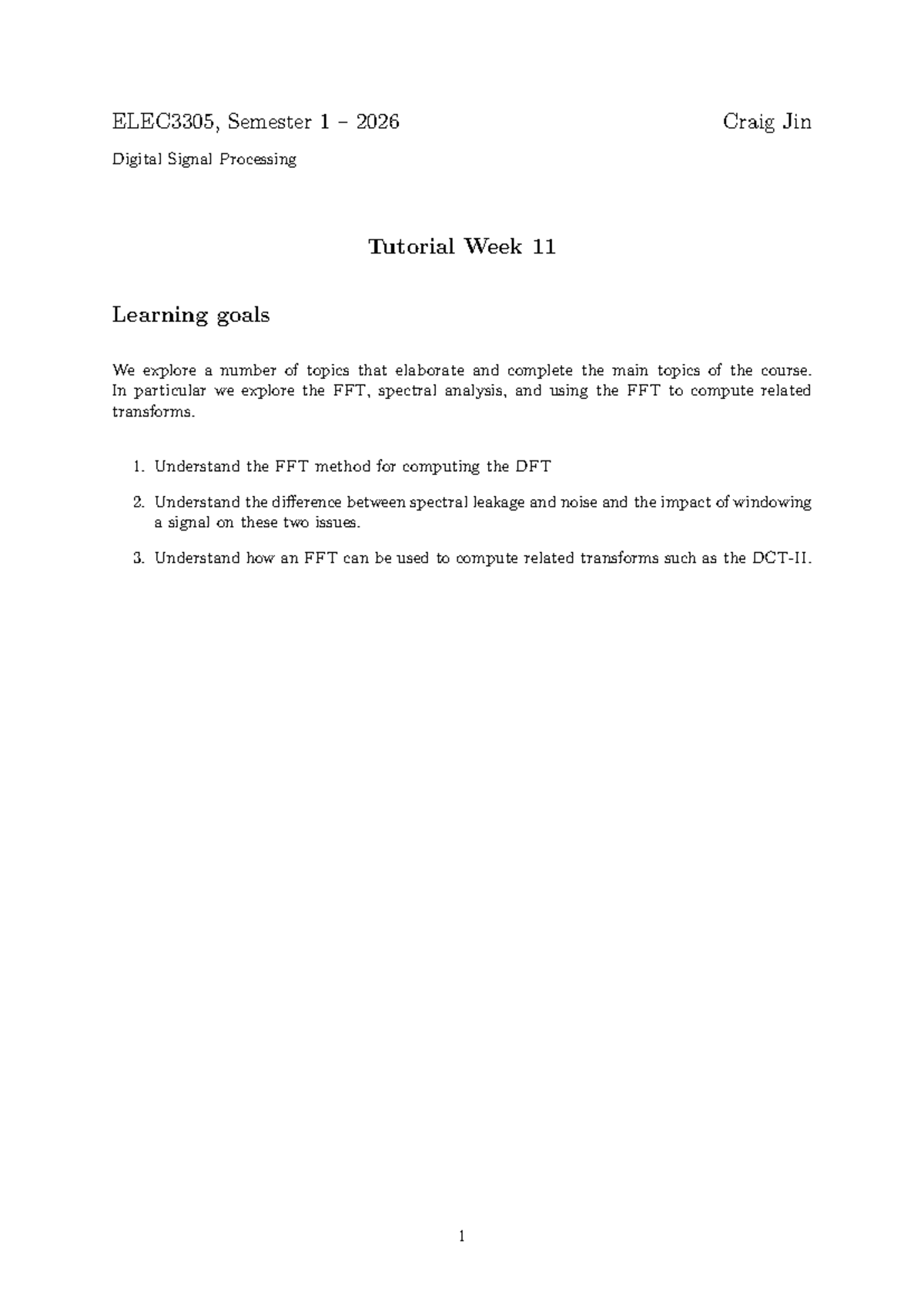 ELEC3305 Tutorial Week 11: FFT and Spectral Analysis Concepts - Studocu