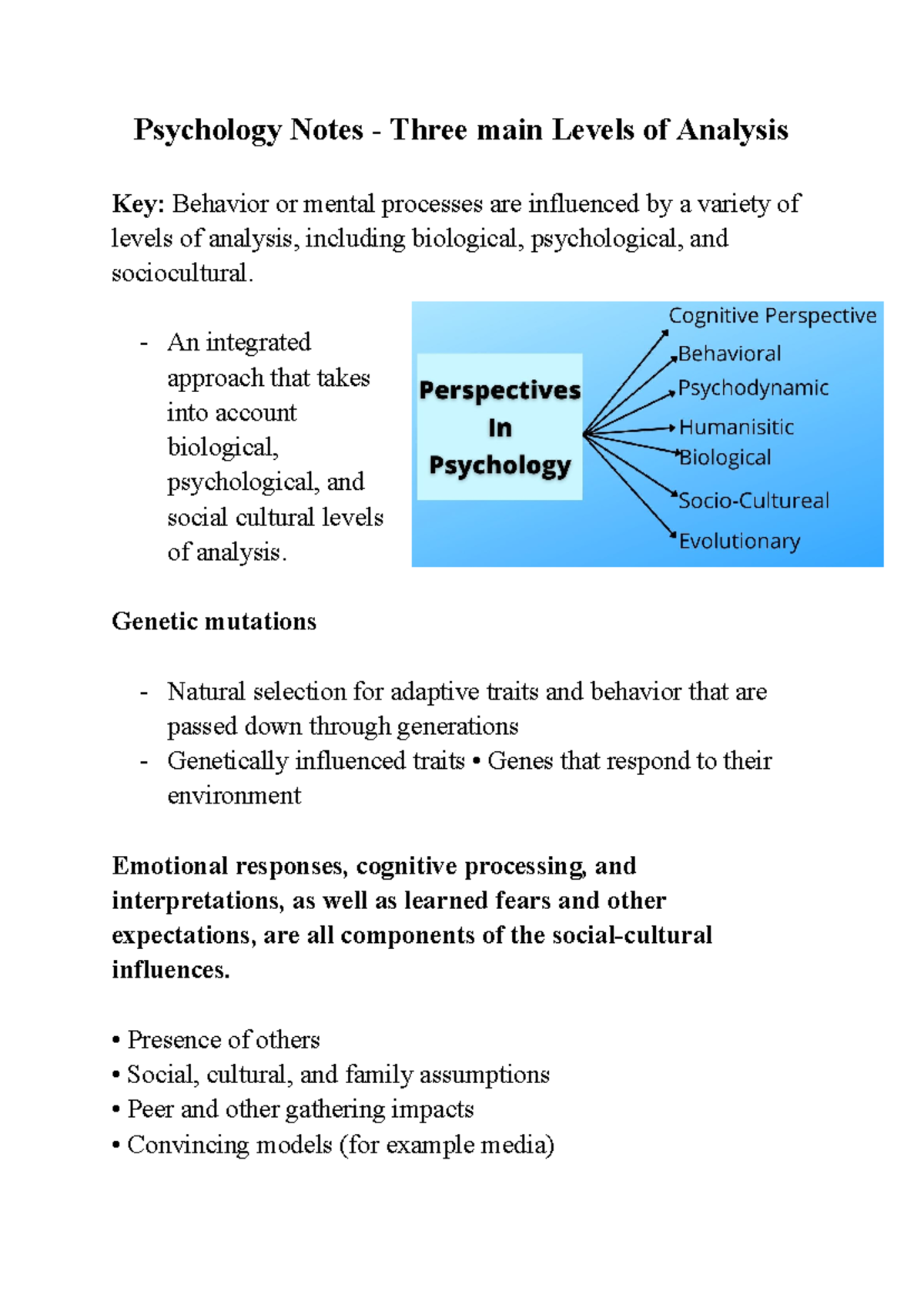 PSY 101 - Integrated Levels of Analysis in Psychology Notes - Studocu