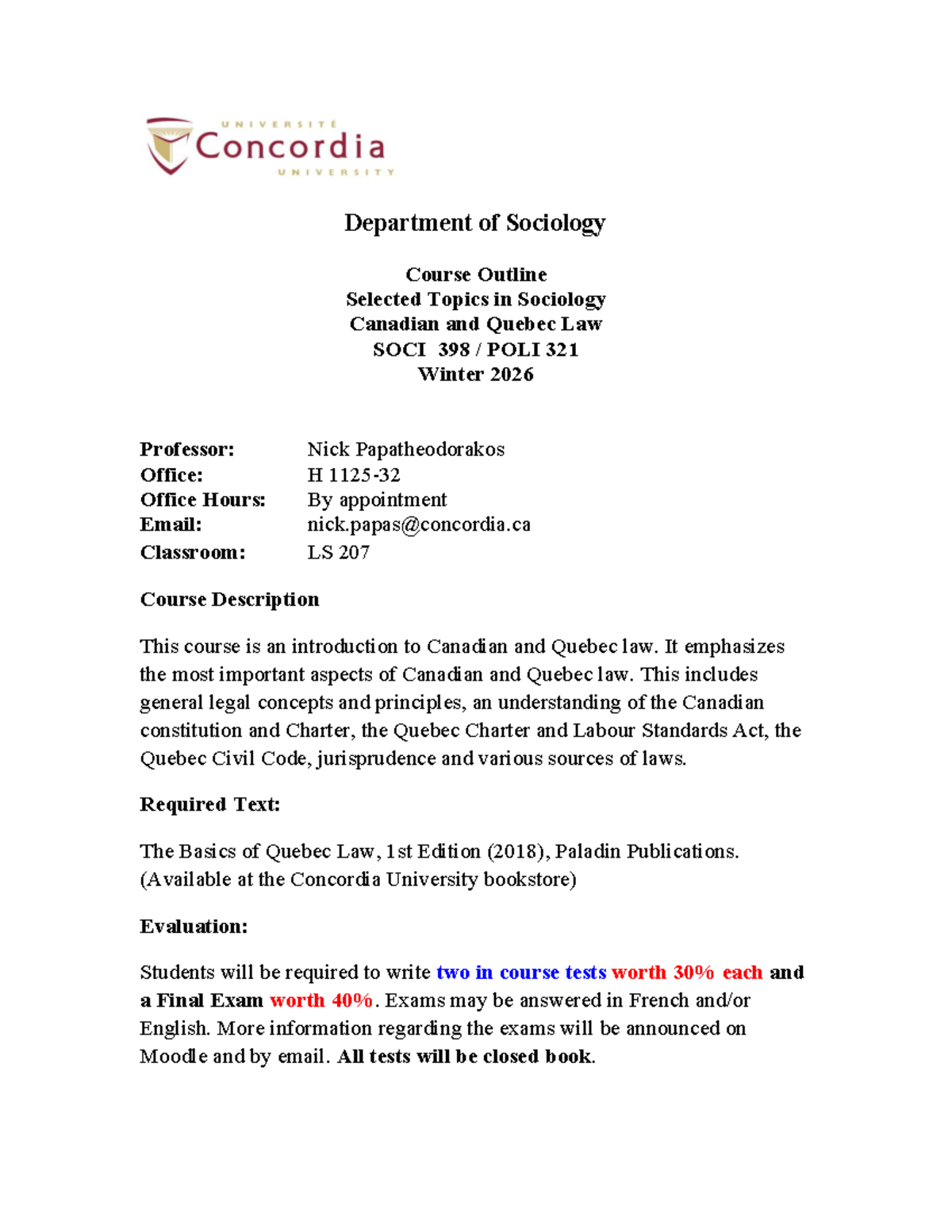 SOCI 398 - POLI 321 Course Outline: Canadian & Quebec Law Winter 2026 ...