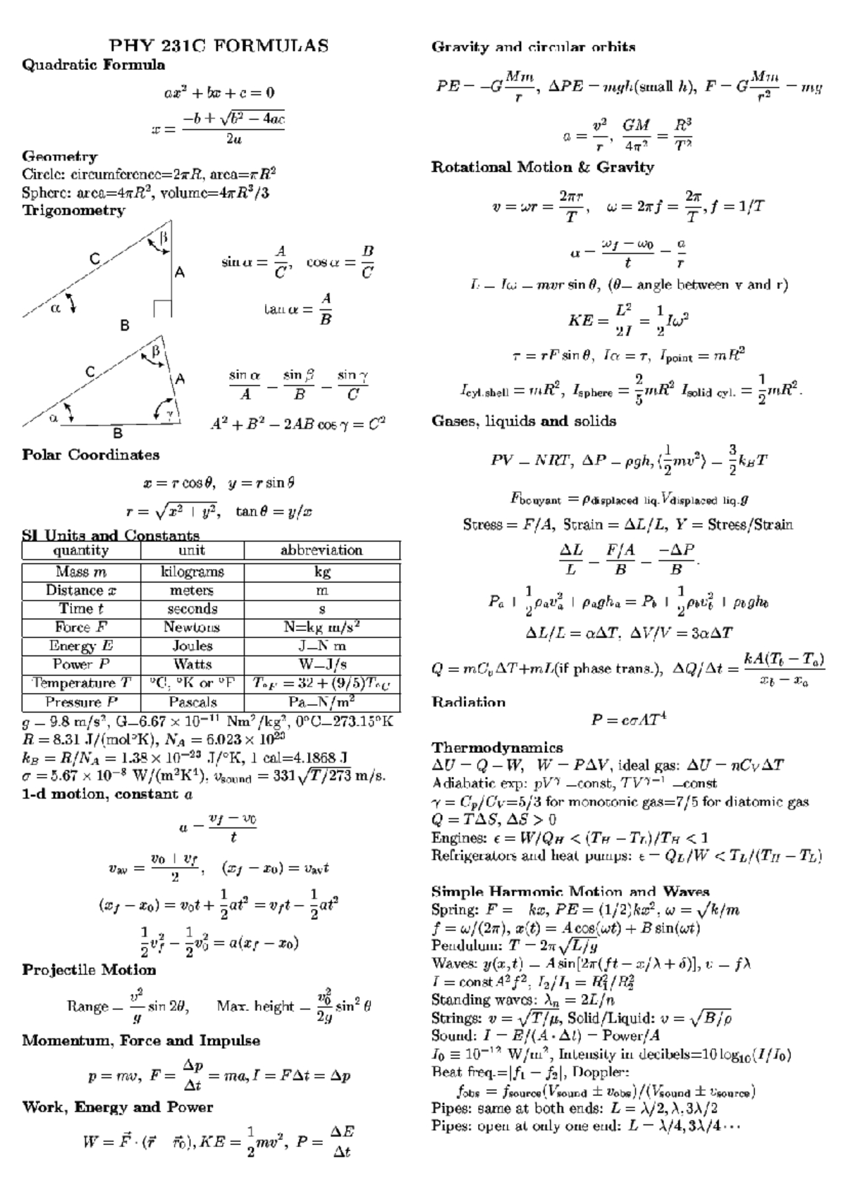 PHY 231C Final Exam Formula Review: Geometry & Motion Concepts - Studocu