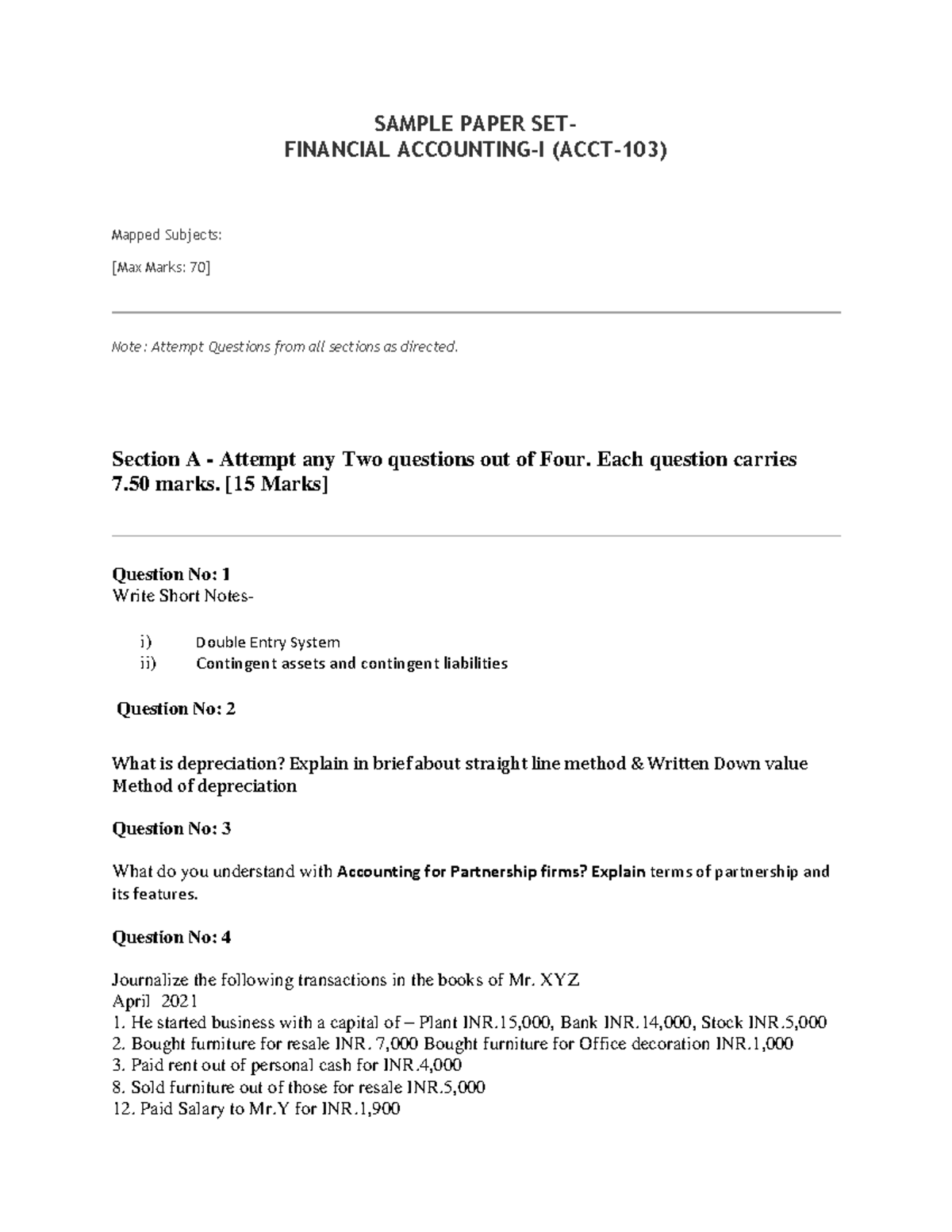 Sample Paper - Financial Accounting-I (ACCT-103) with Max Marks 70 ...