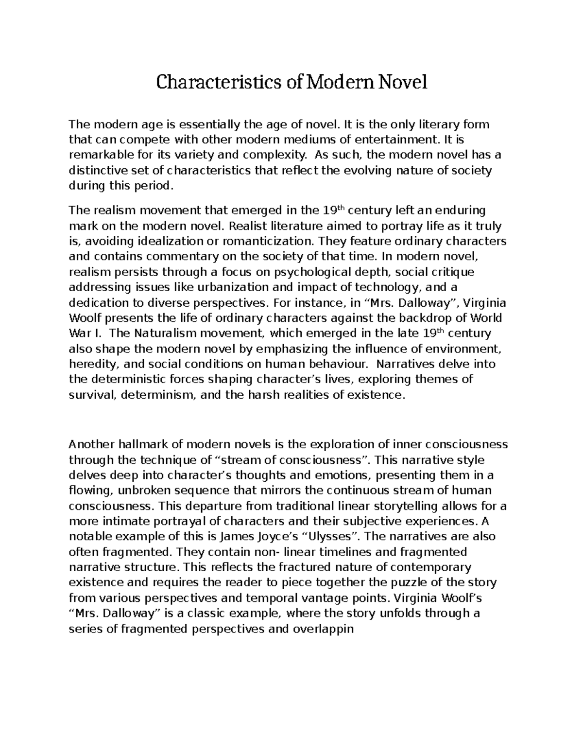 Characteristics of the Modern Novel: A Study of Key Features - Studocu