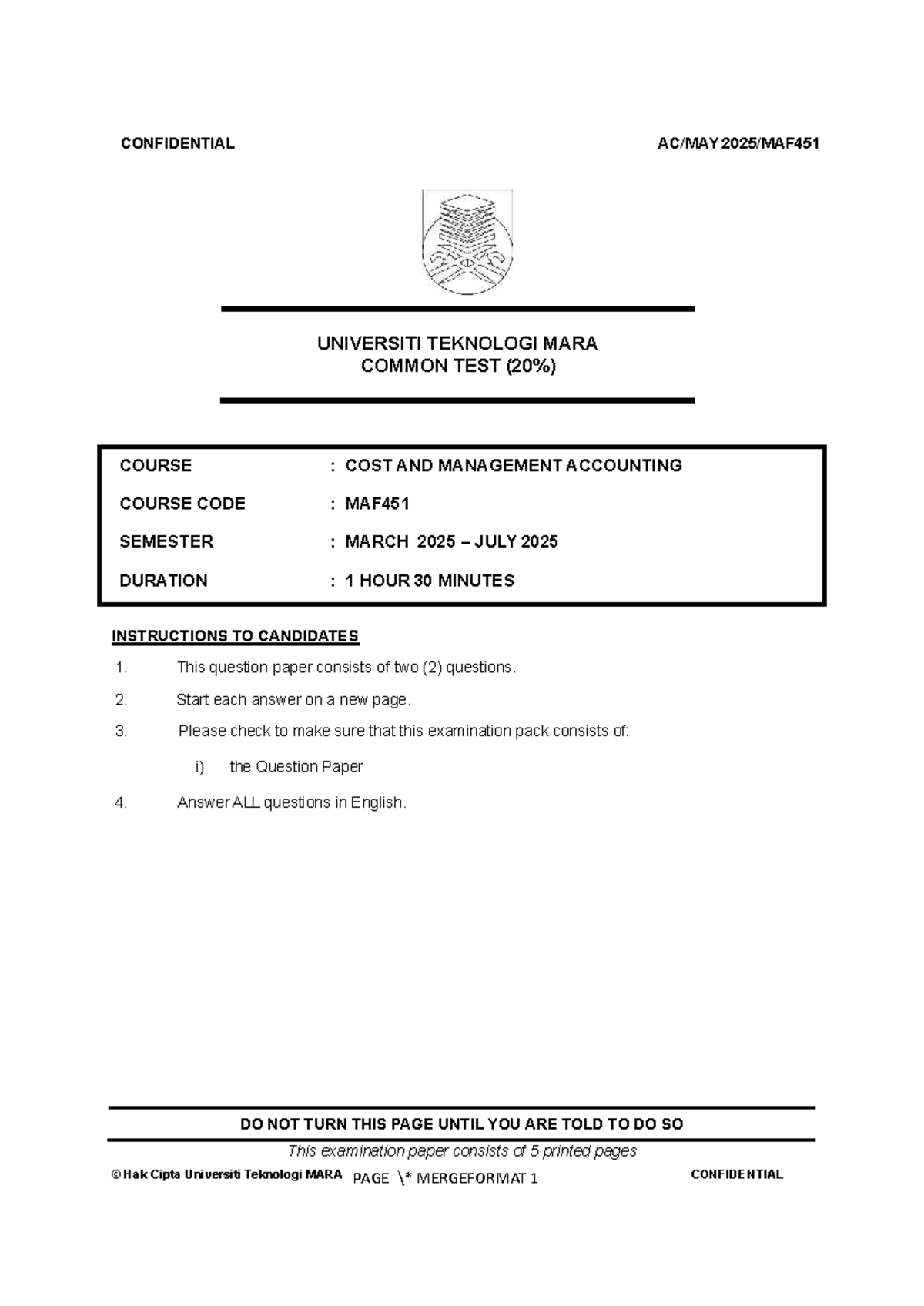 TEST MAF451 - Common Test on Cost & Management Accounting - Studocu