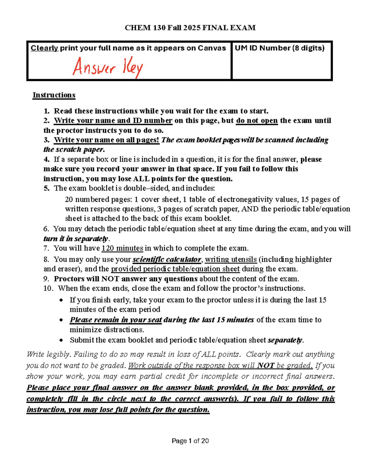 CHEM 130 Fall 2025 FINAL EXAM Instructions and Answer Key - Studocu