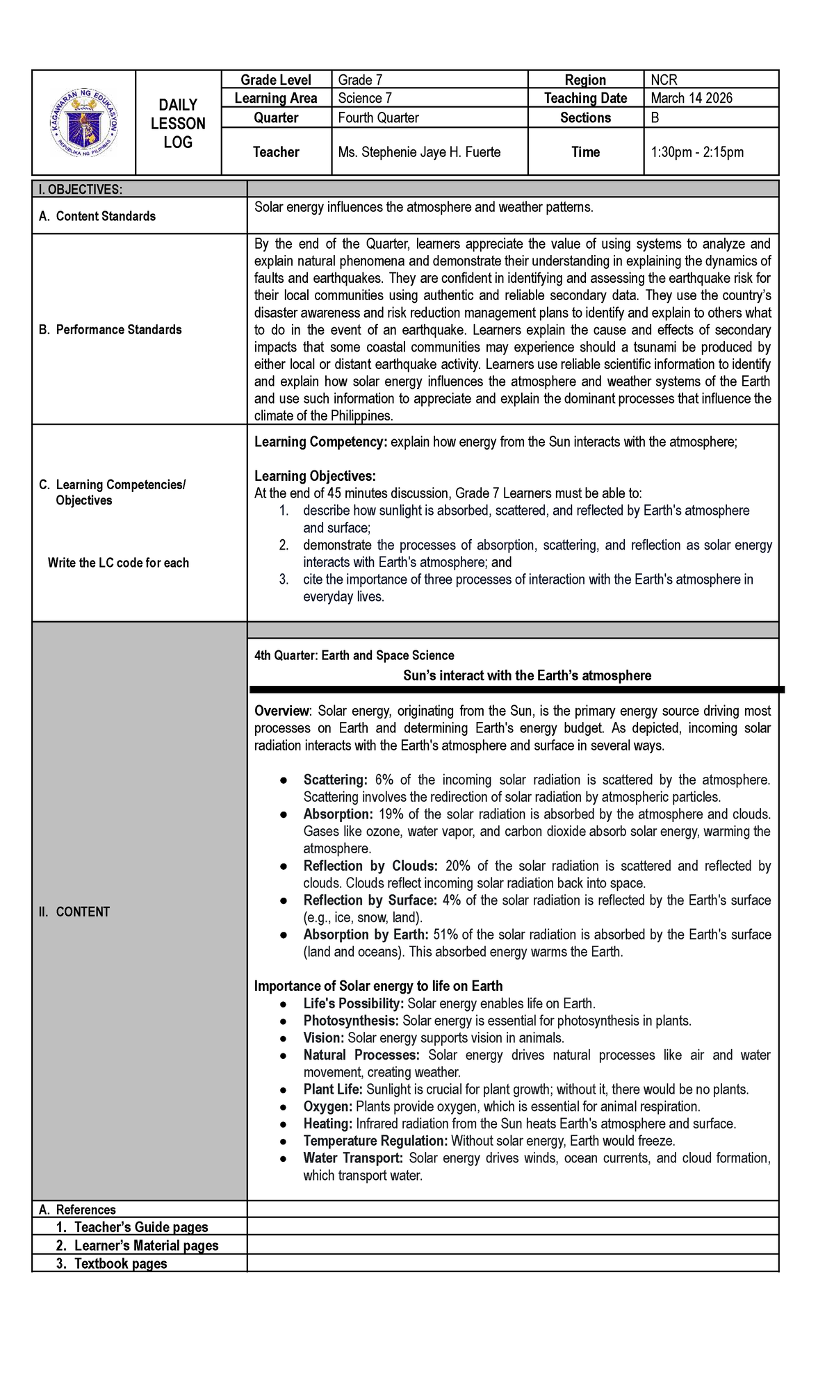 DAILY LESSON LOG: Grade 7 Science 7 - 4th Quarter on Solar Energy - Studocu