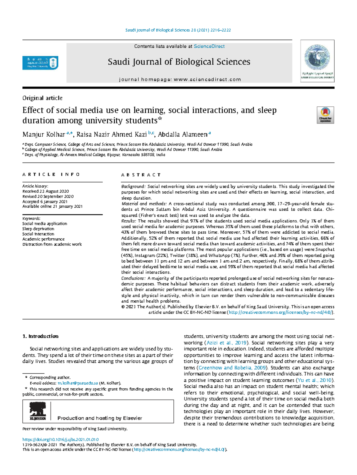 Effect of Social Media on Learning, Sleep, and Social Life Among ...