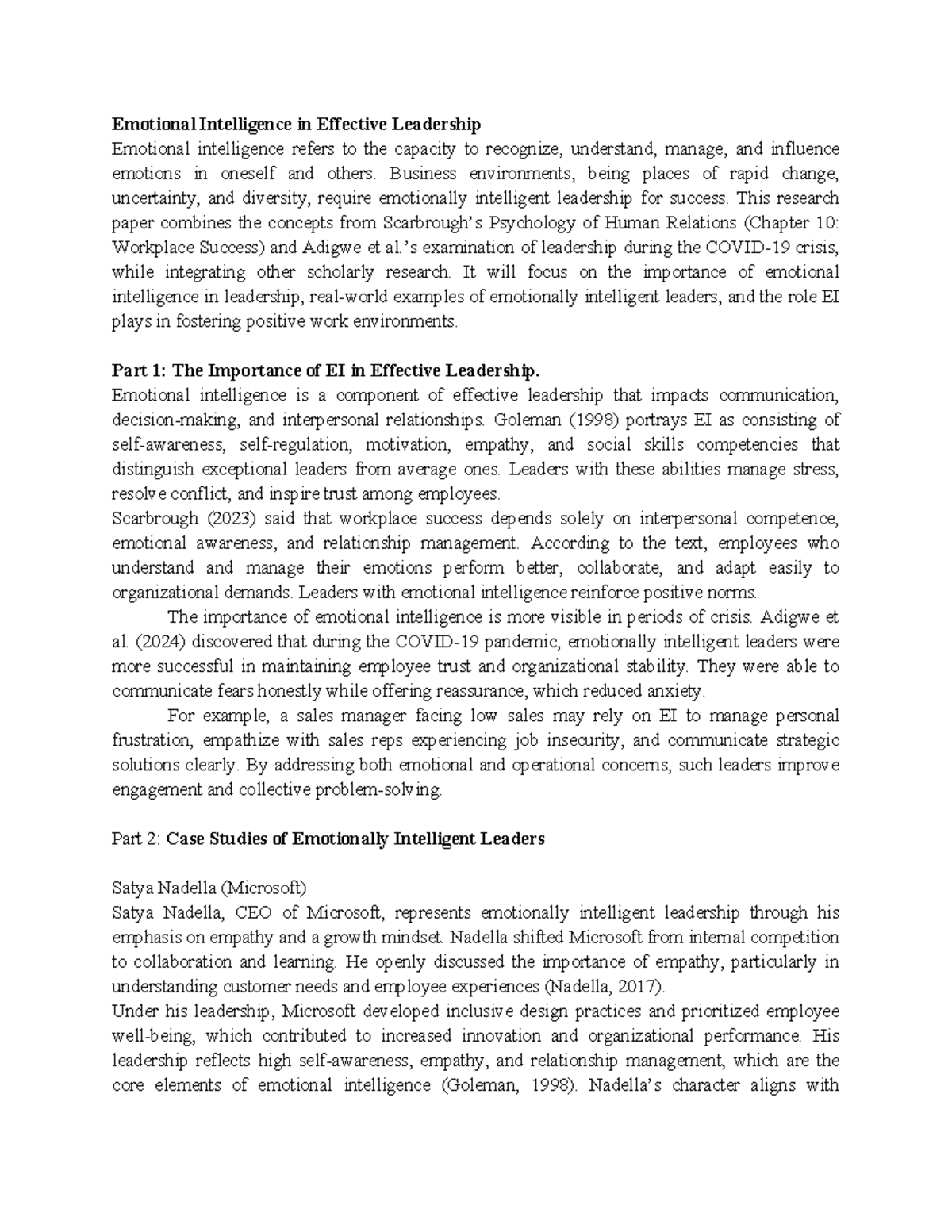 Psyc Assig. Unit 7 - Emotional Intelligence in Leadership Effectiveness ...
